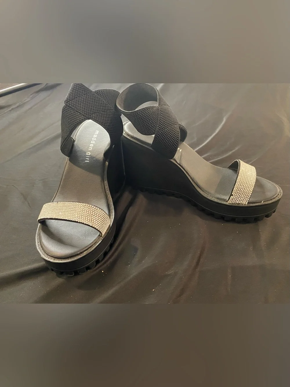 Black Wedge Sandals with Rhinestone Strap